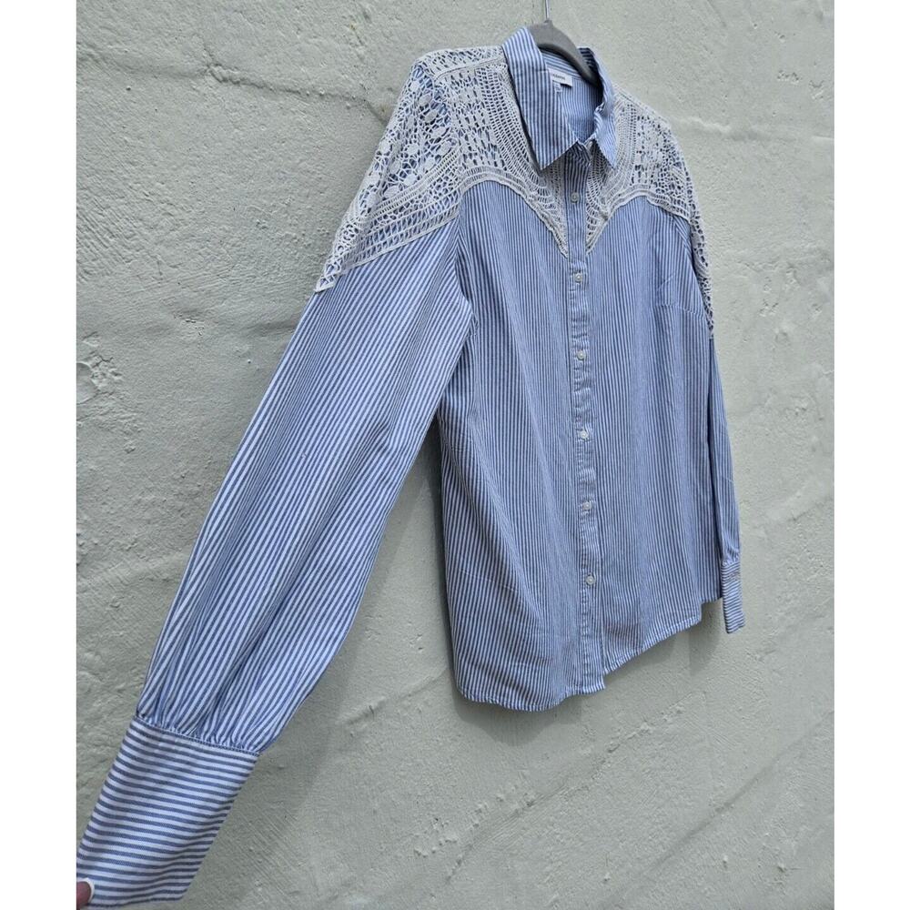 Calligraphie Anthropologie Top Large Blue White Striped Button Up Ivory Crochet - Picture 5 of 13